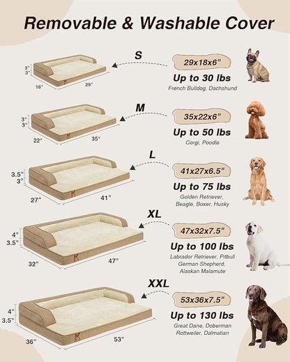 KSIIA Washable Dog Bed Medium Size Senior Dog, Orthopedic Warm Soft Pets Sofa Waterproof Pet Couch with Sides, Non-Slip and Egg-Crate Foam Beds with Removable Cover, 29x18Inch, Brown