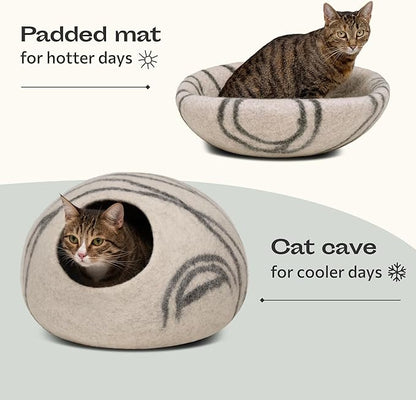 MEOWFIA Cat Cave – Premium Felt Cat Bed for Indoor Cats, Handmade Merino Wool (Light Grey, Large)