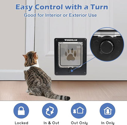 Wordcam Medium Cat Door Flap, 4 Way Locking Cat Door for Interior Exterior Doors, Pet Door for Cats Kitty Kittens Doggies, Robust, Weather-Resistant (Black, M)