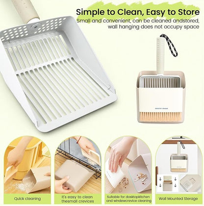 Metal Cat Litter Scooper with Holder, Stainless Steel Metal Litter Scoop Includes Portable Small Broom and Dustpan Set, Speed Sifter Cat Litter Scoop Captures All Clumps, Non-Slip Handle, Easy Clean