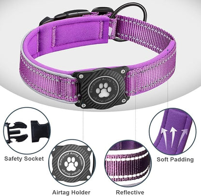 Airtag Dog Collar with Waterproof Air Tag Holder, Luminous Reflective, Soft Padded, Adjustable Nylon Pet Collar for Small Medium Large Heavy Duty Dogs,Purple, XL