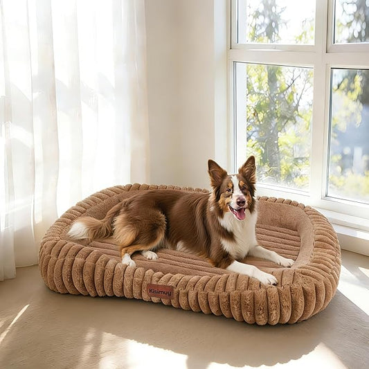 Dog Bed for Extra Large Dogs, Cute XL Dog Bed with Removable Washable Cover & Anti-Slip Bottom, Soft Calming Pet Sofa Bed with Handle for Indoor Pets, 43x31x5inches, Brown
