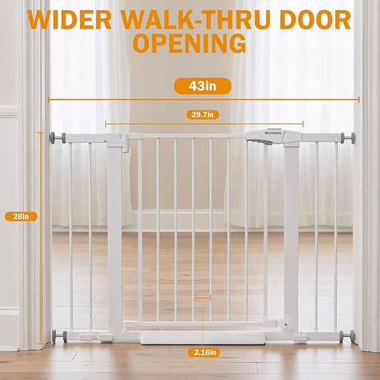Baby Gate for Stairs, 29.7-43" Auto Close Dog Gate for Doorways & Hallways, Pressure Mounted Pet Gate with Walk Thru Door, Easy Install Safety Gate for Children & Pets, No Drilling, Dual-Lock Design