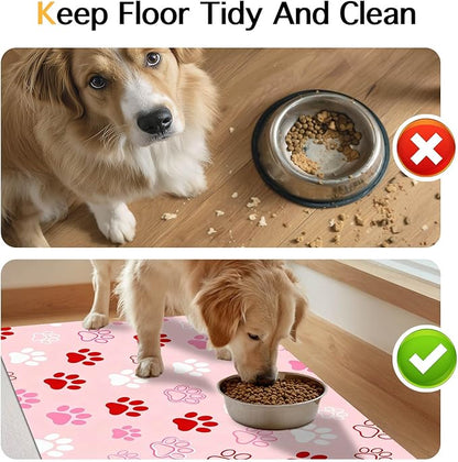 Puppy Paw Print Pet Feeding Mat 24x16 Inch Cute Pet Feeding Area Mat Pet Food Mat Pet Mats for Food and Water Dog Mat for Food and Water Indoor Feeding Corner Kitchen Floor Decor