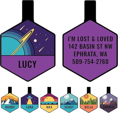 GoTags Silent Dog Tag, Personalized Engraved Hexagon Silicone Dog and Cat Name Pet ID Tags, Soundless No More Jingling Dog Tags (Space Planet)