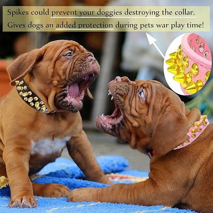 TEEMERRYCA Pink Leather Gold Spiked Studded Dog Collar for Female Puppy Small Medium Large Pets,Pit Bulls Bulldog, Keep Dog Safe from Grabbing by Huge Dogs, M(12"-15")