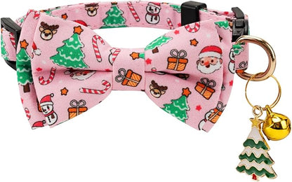 2 Pack Christmas Cotton Cat Collar with Bow Tie and Bell for male Female Cats,Soft Fancy Breakaway Kitty Kitten Collar with Tree & Santa Patterned Design for Boy Girl Cats. (Tree & Santa Claus)