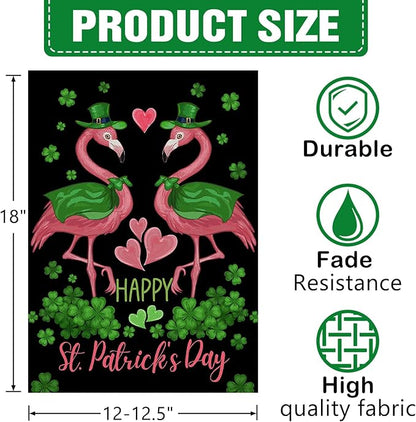 Dyrenson Happy St Patricks Day Flamingo Decorative Garden Flag, Lucky Shamrock Clover Black Yard Outside Home Decorations, Spring Irish Love Hearts Burlap Outdoor Small Decor Double Sided 12 x 18