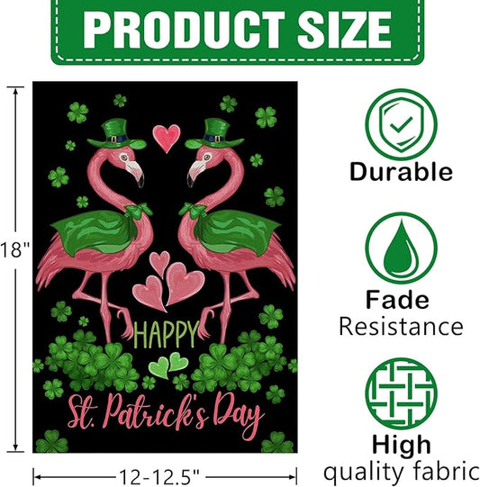 Dyrenson Happy St Patricks Day Flamingo Decorative Garden Flag, Lucky Shamrock Clover Black Yard Outside Home Decorations, Spring Irish Love Hearts Burlap Outdoor Small Decor Double Sided 12 x 18