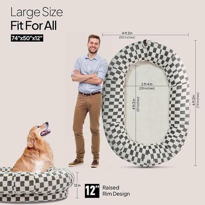 Human Dog Bed for Adults and Pets, 74"x50"x12" Plush Shared Bed, Waterproof & Machine Washable, Durable Anti-Slip Base with Portable Handle & Storage Pockets for Indoor Use, Dark Grey Grid