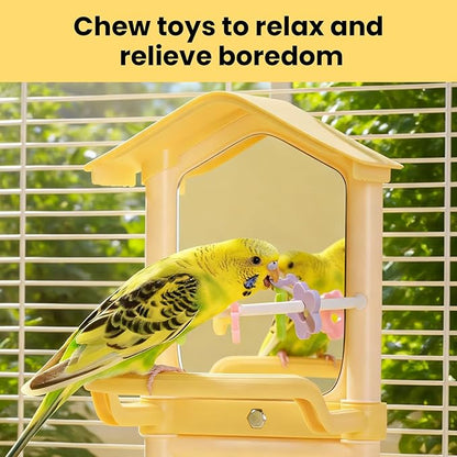 8.1 Inch Pet Bird Mirror with Perch Stand and Parakeet Chew Toys,Parrot Toys Bird Cage Decorative Accessory, Helps Birds Release Stress for Canaries Budgies Lovebirds Conures Cockatiels (Brown)