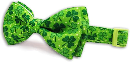 St. Patrick's Day Dog Collar with Bow Tie Set, Green Shamrock Clover Pattern Pet Collar, Adjustable Lucky Irish Holiday Neckwear for Small, Medium, and Large Dogs