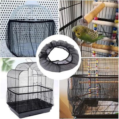 Universal Bird Cage Seed Catcher, Elasticity Airy Gauze Guard Net Cover, Soft Parrot Mesh Skirt Cover, for Round Square Cages (Black, L)
