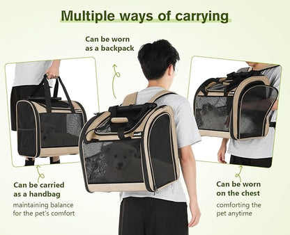 Pecute Cat Backpack with Widened Interior Space, Upgraded Dog Backpack Carrier with Various Ways to Carry, Pet Backpack with Breathable Mesh, Pet Travel Carrier with Soft Padded,Khaki
