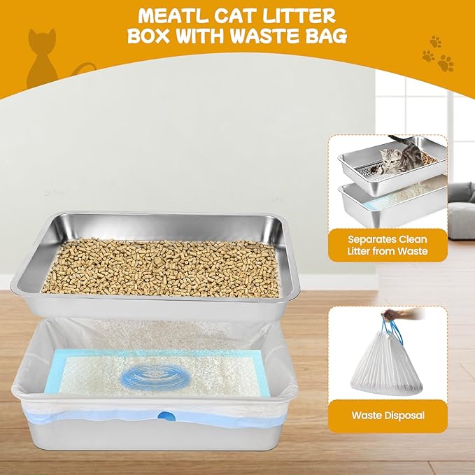 23.6''x15.7''x8'' Stainless Steel Sifting Litter Box, XXL Large Metal Sifting Cat Litter Box for Pine Pellets, Litter Pan Tray System for Indoor Cats with Scoop and Pee Pad, Easy to Clean(8 Inch)