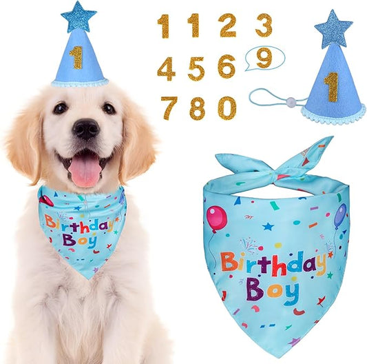 Dog Birthday Bandana Set, Dog Birthday Party Supplies, Puppy Boy Girl Birthday Party Hat with Numbers for X-Small, Small and Meidum Puppy (Blue)