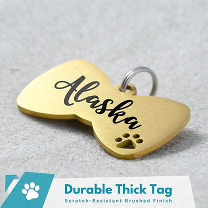 Ultra Joys Dog Tags Personalized for Pets - Hollow Paw Custom Pet ID Tag - Engraved Dog Tag for Small, Large Dogs - Large Bow Tie in Gold