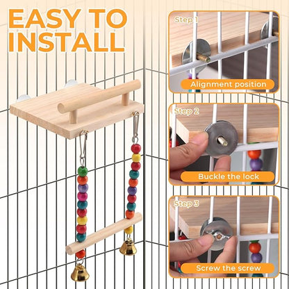 Natural Wood Bird Perch Swing - Cage Platform for Budgies, Cockatiels, Parakeets & Small Birds - Adjustable Play Rest Gym