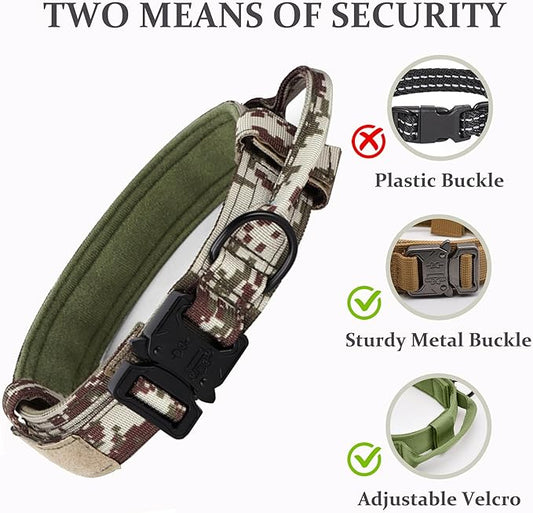 Tactical Dog Collar, Adjustable Military Training Nylon Dog Collar with Control Handle and Heavy Quick-Release Metal Buckle for Small Medium Large Dogs, Camo XXL