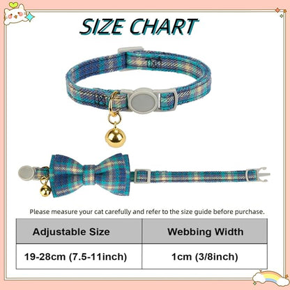 2 Pack Cotton Cat Collar, Removable Bowtie, Plaid Pattern, Safety Breakaway Clasp, Adjustable for Cats.(Adult Cat, Blue and Brown)