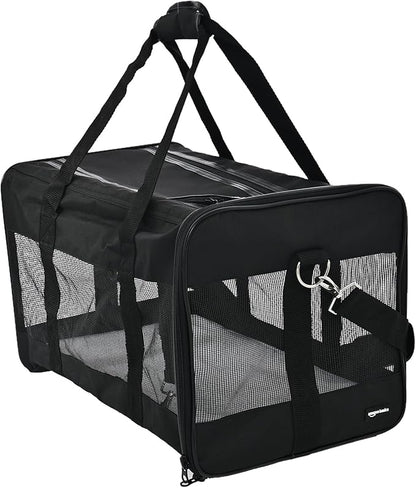 Amazon Basics Airline Approved Soft-Sided Mesh Pet Travel Carrier with Shoulder Strap, Removable Washable Fleece Pad, Top Opening, Ventilation for Dog, Cat, up to 22 pounds, 19.7Lx12Wx12H in., Black