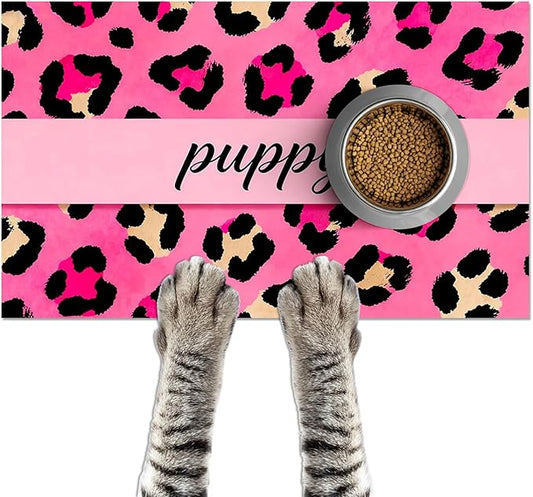Puppy Feeding Mat 20x12 inch Pink Leopard Print Dog Bowl Placemat Non Slip Mat for Pet Food and Water Small Dog Feeding Area Indoor Puppy Feedings Station Pet Meal Mats for Kitchen