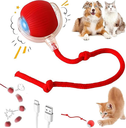 Interactive Electric Automatic Rolling Moving USB Rechargeable Self Activated Play Stimulation Toy Smart Chase Teaser Ball with Speedy Tail Rope for Bored Adult Indoor Cats and Dogs, Red Color