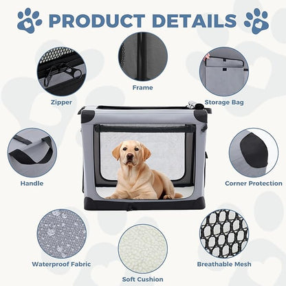 DUMOS Dog Crate 36 Inch Travel Cat Pet Carrier for Medium Large Dog, Portable Foldable Soft Pet Crate with Storage Bag & Washable Pad for Indoor Outdoor Dog Kennel Carrier (L-70lbs, Grey)