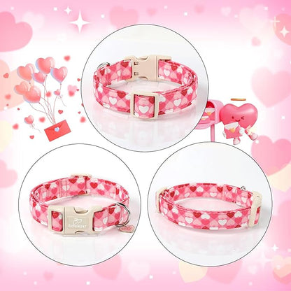 Valentines Dog Collar for Medium Dogs - Cute Valentine Pink Hearts Girl Dog Collars, Adjustable Girly Puppy Collar with Quick Release Buckle for Female Dogs M