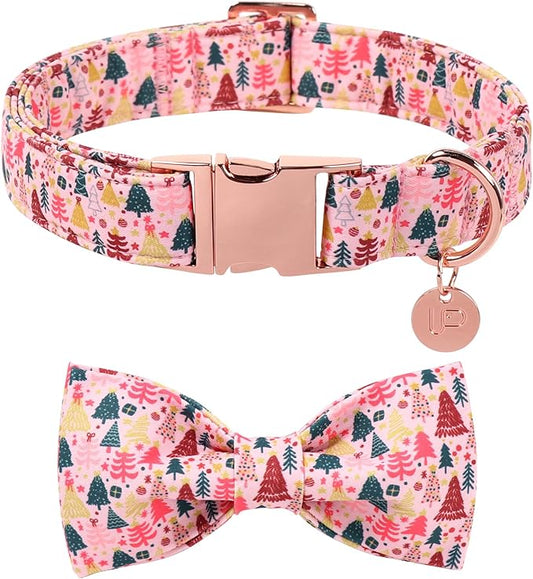 Christmas Dog Collar with Bow Tie, Pink Christmas Tree Collars for Dogs, Adjustable Pet Collar with Cute Xmas Tree Pendant, Winter Dog Accessories for Small Medium Large Dogs M