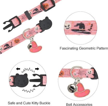 Halloween Cat Collar, Cotton 2 Pack Cat Collar with Bells, Breakaway Collars for Girl Boy Cats Kittens, Halloween Pink