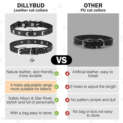 Leather Cat Collars for Boy Girl Cats with Bell and Safety Elastic Belt, Personalized Star and Moon Stud Adjustable Safe Buckle Collar for Kitty Small Big Cats Size 7-9 Inch, Black