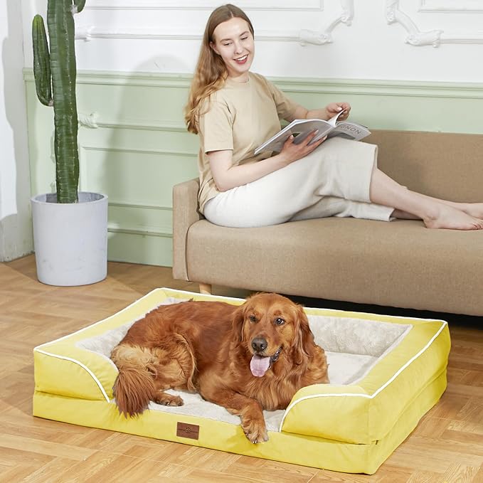 Comfort Expression Orthopedic Dog Bed for Extra Large Dogs 45x35 Inch, Waterproof Egg Crate Foam XL Pet Bed with Removable Bolsters, Dog Couch with Washable Cover & Non-Slip Bottom, Spicy Mustard