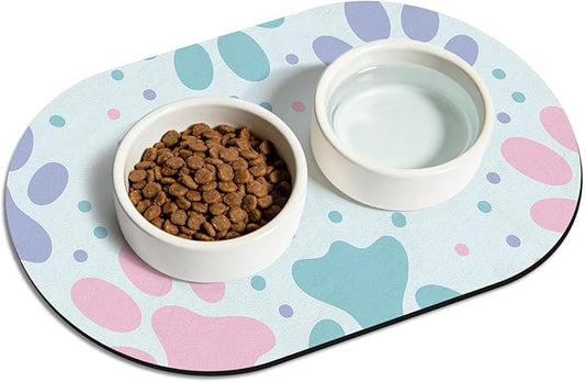 Dog Food Mat 20''x12'', Small Pet Feeding Mat, Non-Slip Rubber Pet Food Mat, Absorbent Cat Dog Water Bowl Mat for Messy Drinkers, Dogs Bowl Placemat for Food and Water, Light Blue Paw