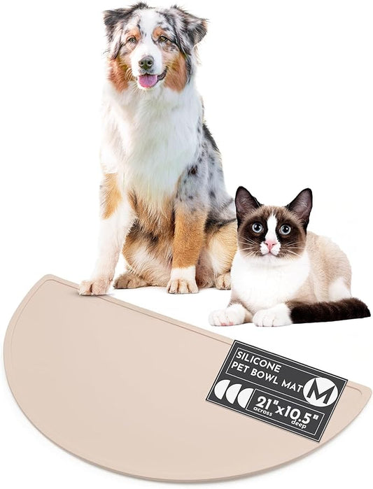 Should We Go - Waterproof Silicone Pet Food Mat - Non-Slip, Spill-Proof Feeding Mat for Floors, Raised Edge Design, Easy-to-Clean Pad for Dog & Cat Bowls, 21" Across x 10.5" Deep, Medium-Natural Sand