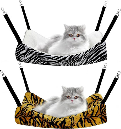 Jetec 2 Pack Cat Hammock for Cage, Catio Accessories Reversible Soft Cats Bed with Adjustable Straps and Hooks Double-Sided Linen and Fleece Hanging Hammock for Cats, Kitten(Zebra, Tiger Stripes,L)