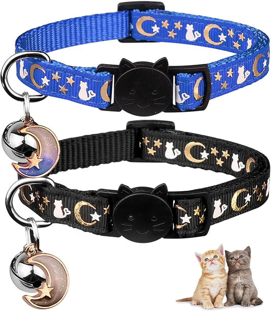 Baeuppit 2PCS Breakaway Cat Collars with Bell Moons Stars Cute Kitty Adjustable Safe Kitten Collars with Pendant Glow in The Dark(Black&Blue)