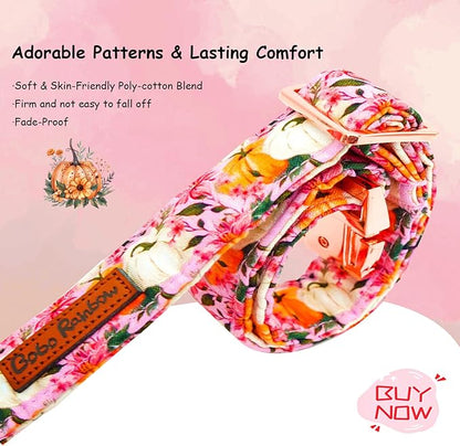 Fall Dog Collar, Pink Flower Pumpkin Print Adjustable Pet Collar Cute Cotton Soft Collars with Bow Tie Metal Buckle Holiday Puppy Collars Boy&Girl Gift for Small Dogs