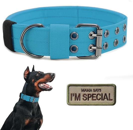 Tactical Dog Collar Military Adjustable Dog Collars Soft Nylon Training Collar with Patch Heavy Duty Metal Buckle Collars for Medium Large Dogs (Blue, L)