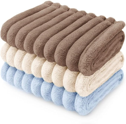 LINENLUX 1 Pack 3 Soft Dog Blanket Washable Warm Fleece Cat Blankets for Pet Puppy Fluffy Calming Flannel Brown/White/Blue Large