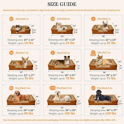 Comfort Expression Orthopedic Dog Bed for Large Dogs 38x25 Inch, Waterproof Supportive Egg Crate Foam Large Pet Bed with Removable Bolsters, Dog Couch with Washable Cover & Non-Slip Bottom, Orange