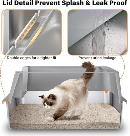 Stainless Steel Litter Box,XL Metal Cat Litter Box with Lid High Sides, Extra Large Litter Boxes for Big Cats,Odor-Resistant, Scratch-Proof, Easy to Clean, Non-Stick,Scoop Included