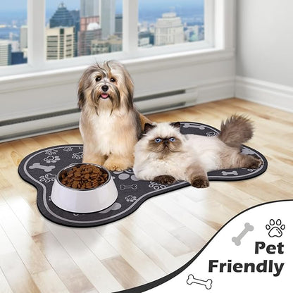 Dog Cat Food Mat,Rapid Absorbent Pet Feeding Mat, Bone Shaped Dog Placemat Water Bowl Mat with Rubber Backing,No Stains Dog Cat Food Mats Indoor, Pet Accessories Supplies 12"x18" Dark Grey
