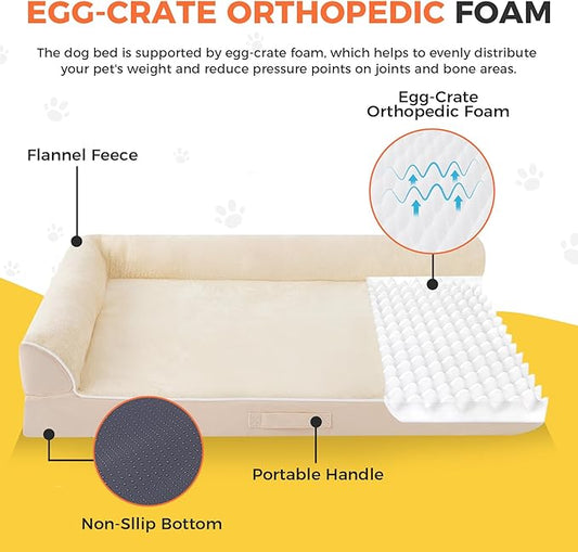 Dog Bed Large Sized Dogs, XXL Orthopedic Dog Bed for Large Dogs, Waterproof Pet Bed with Washable Removable Cover, L-Shaped Pet Couch with Portable Handle 48"x35"x7.5", Beige