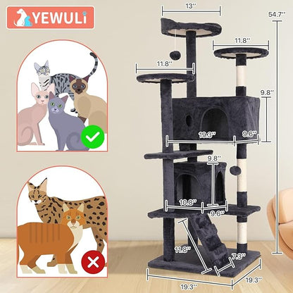 Large Cat Tree with Scratching Post, 54in, Wooden Frame, Sisal Ropes, 3 Platforms, 2 Hanging Balls, 2 Cushions, Light Gray