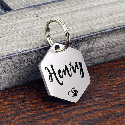 Ultra Joys Custom Personalized Hexagon Dog ID Tag - Brushed Stainless Steel Silver Large