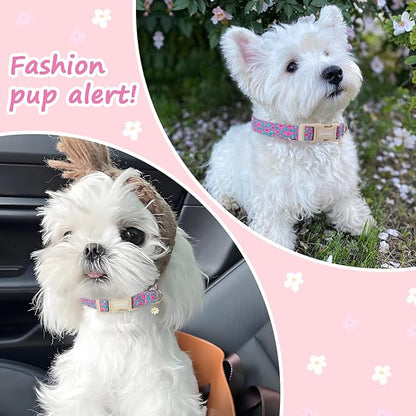 Cotton Floral Dog Collar,Green Dog Collar with Pink Flower, Adjustable Puppy Dog Collars for Small Medium Large, Cute Girl or Boy Dog Collar Ideal for Gifts,Pet Accessory,L