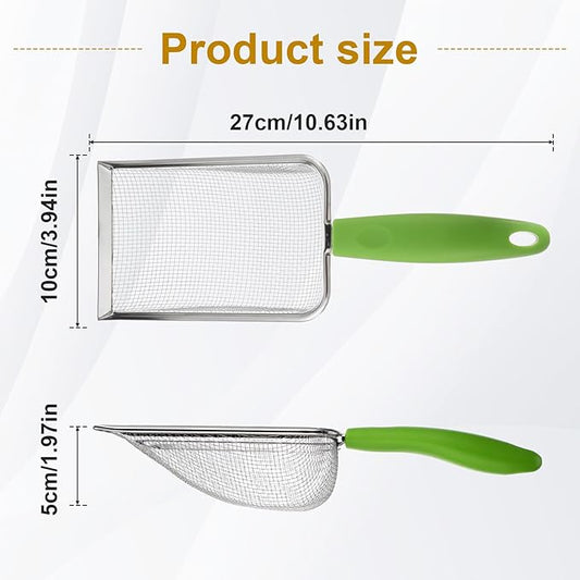 Stainless Steel Mesh Litter Shovel, Fine Mesh Metal Reptile Litter Cleaner Scooper, Green Non-Slip Handle Sifter for Lizard Substrate Reptile Terrarium Sand Waste