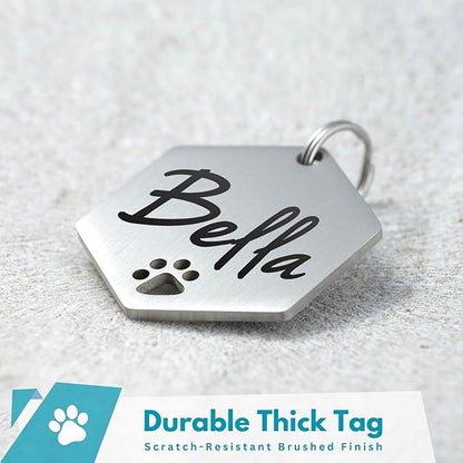Ultra Joys Personalized Dog Tags - Hollow Paw Custom Pet ID - Engraved Dog Tags for Small, Large Dogs - Large Hexagon in Silver