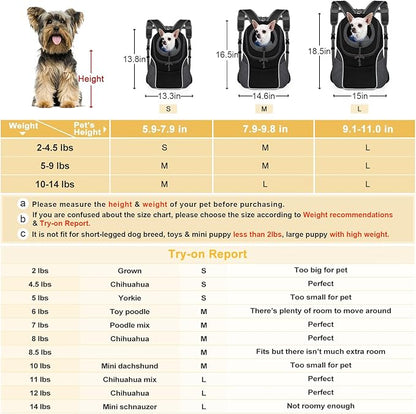 WOYYHO Pet Dog Carrier Backpack Small Dog Front Backpack Ventilated Dog Carrier Back Pack with Storage Pockets, Adjustable Straps & Safety Belt for Travel Hiking Outdoor (Size L: 10-14 lbs, Black)